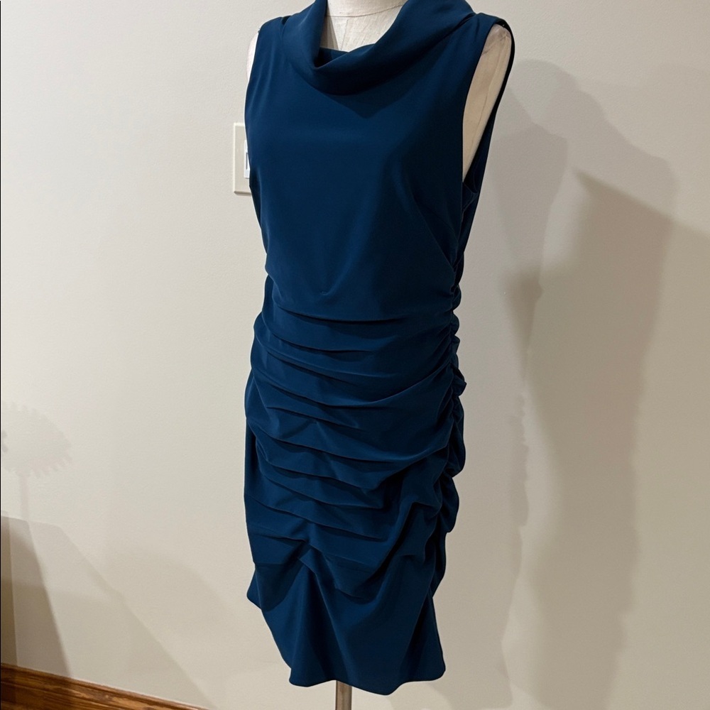 Taylor Teal Blue bodycon Sleeveless Ruched Cowl Midi Dress side zip size 12